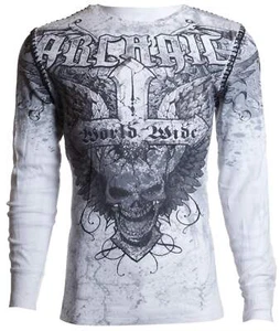 Archaic by Affliction Men's Thermal Shirt WORLD WIDE Skull Biker White - Picture 1 of 9
