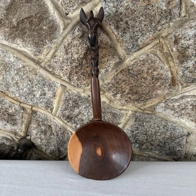 Giraffe Wooden Carved Serving Spoon Ladle Primitive Animal African 13”x 5.25” - Image 1 of 4