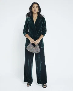 River Island Womens Green Polyester Casual Velvet Blazer 12 Petite - Picture 1 of 11