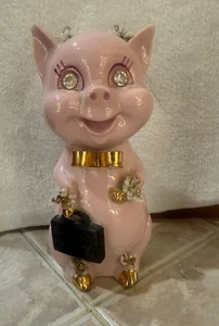 Estatuilla de cerámica vintage Lefton alcancía rosa con ojos de estrás y detalles dorados - Imagen 1 de 14