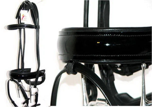 FSS свернутый немецкий черный патент глянцевый комфорт рукоятки вспышки уздечка и выездки вожжи - Изображение 1 из 1