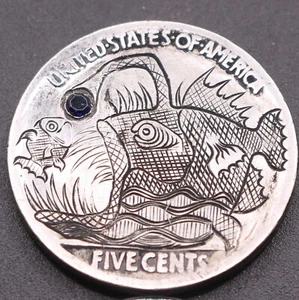 Dinner by Sapphire Light - Glimmer & Doom - Hand Carved Anglerfish Engraving - Picture 1 of 3