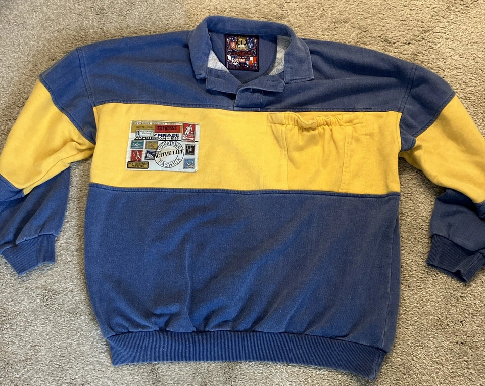 Polo de rugby Active Life vintage azul e amarelo manga longa M - Imagem 1 de 4