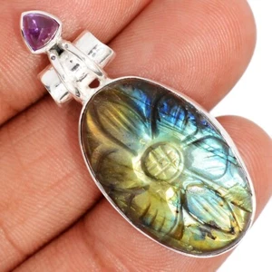 Natural Carved Labradorite & Amethyst 925 Silver Pendant Jewelry CP72674 - Picture 1 of 1