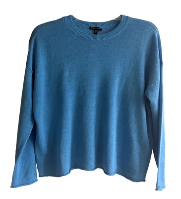 NUEVO CON ETIQUETAS EILEEN FISHER Pullover Suéter Orgánico Lino y Algodón Cuello Redondo Azul Azure S Foto 1 de 4