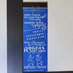 Rogers Dairy Lunch Portland Oregon Vintage Años 40 Diseño Azul Matchbook - Imagen 1 de 3