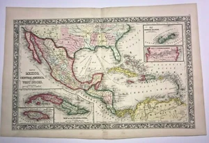 CENTRAL AMERICA MEXICO WEST INDIES 1860 AUGUSTUS MITCHELL LARGE ANTIQUE MAP  - Picture 1 of 11