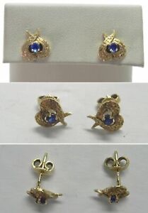 C1865 Vintage 14K Solid Yellow Gold Hammered Heart Stud Earrings w/Sapphires