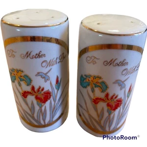 Vintage Porcelain Salt & Pepper Shakers Set To Mother With Love Gold Leaf 3.5" - Picture 1 of 5