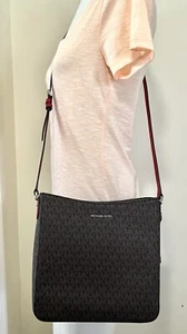 Michael Kors Jet Set Travel Brown RED PVC MK Signature Large Messenger Bag - Picture 1 of 12