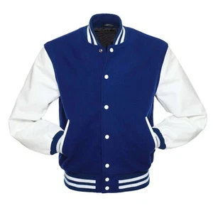 Chaqueta de bombardero Varsity Letterman azul marino lana y mangas de cuero blanco para hombre - Imagen 1 de 5