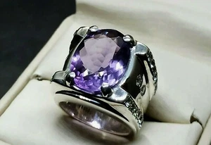 Oval Cut Deep Purple Amethyst Sterling Silver 925 Handmade Amethyst Mens Ring - Picture 1 of 12