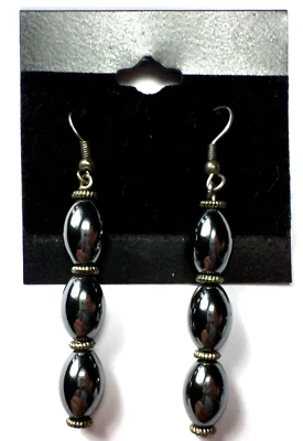 Fashion Long Black Hematite Gemstone Antique Silver Stainless Steel Earring MINT - Image 1 of 4