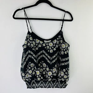 Love Fire Womens Junior Sz XL Crop Tank Black Floral Spaghetti Top Elastic Waist - Picture 1 of 9