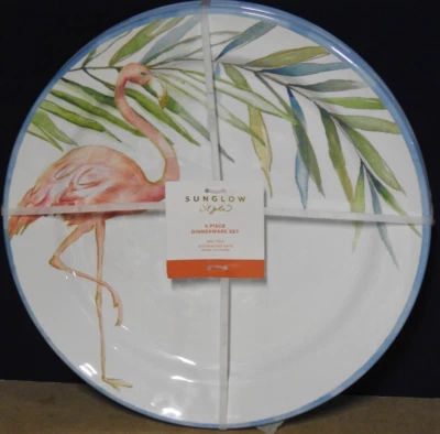 4 Flamingo Palm Melamine Dinner Plates 11" Coastal Tiki Bar Tropical NEW - Image 1 of 4