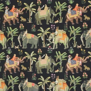 Indische Elefanten schwarz doppelte Breite 100% Baumwolle exotische Vorhänge Polster - Bild 1 von 6