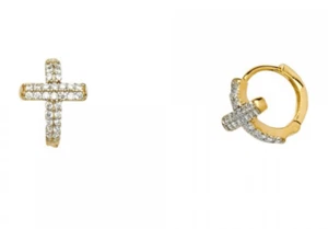 Pendientes Huggie Cruz Circonita cúbica Redondos Oro Amarillo Sólido 14k Religiosos Pequeños - Imagen 1 de 14