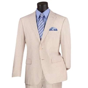 VINCI Men's Tan Striped Seersucker 2-Button Modern Fit Cotton Suit - NEW - Picture 1 of 3