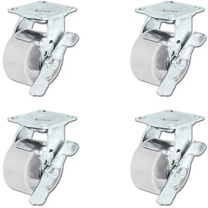 CasterHQ - 4" x 2" Steel Wheel Casters | Set of 4 Swivel Casters With Brakes - Picture 1 of 3