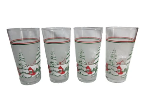 VTG Holiday Christmas Frosted Glasses Snow, Tree, Red Houses 6" TALL LOT/4 - Picture 1 of 6