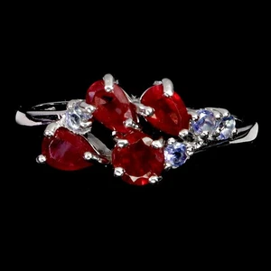925 Sterling Silver Ring Pear Ruby Tanzanite Gemstone No USA Import Fees - Picture 1 of 13