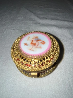 Victorian Cranberry w/ Brass Filigree Patch Box-Cherub Figure-Trinket Box Europe - Image 1 of 4