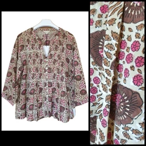 EAST Brown Pink Gold Floral Hand Block Print Button Tunic Top Shirt L XL Plus - Picture 1 of 23