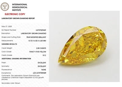 2.08 Pear Lab Grown Diamond For Engagement Ring IGI Fancy Vivid Yellow VS2 - Image 1 of 4