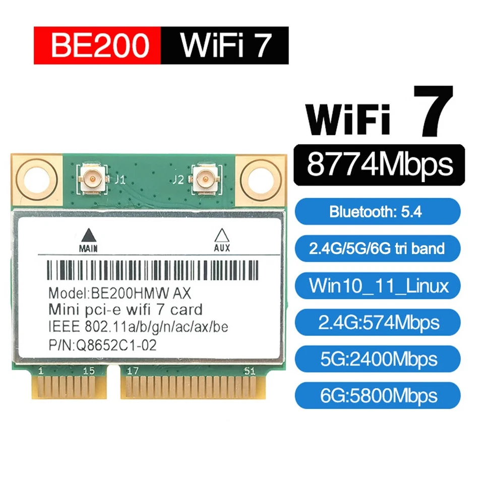 WiFi 7 Mini PCI-E WiFi Card BE200 BE200HMW 8774Mbps 2.4G/5G/6Ghz For Bluetooth - Image 1 of 1
