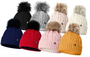 Damen Wintermütze gefüttert Strickmütze Warm Fellbommel Mütze Beanie Fleece - Bild 1 von 70