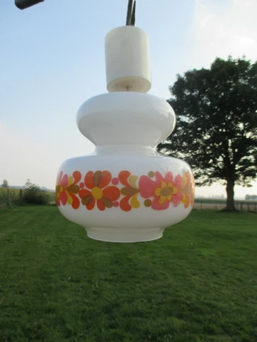 Vintage Chandelier Pendant white glass  Orange Flowers 70s  Pop Art Funky Cover