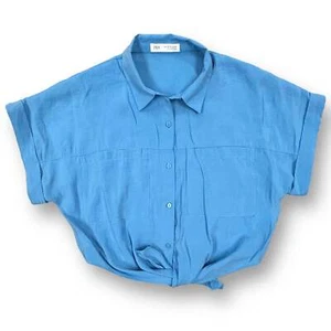 Girls Zara Size 13/14 Country Blue Button Down Tie-Front Crop Top - Picture 1 of 2