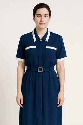 Vintage LIZ CLAIBORNE Dress Womens Petite Size 12 Navy Blue Trim Pocket Belted - Image 1 of 3