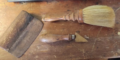 3 Antique Wooden Primitive Items , Farm Country Scrapper , Tool , Treen Brush - Image 1 of 4