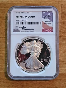 1993-P Proof Silver Eagle Dollar NGC PF69 Ultra Cameo Mercanti Signed Flag Label - Picture 1 of 2