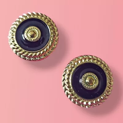 2x Vintage 21mm Black Enamel Braided Rope Gold-Tone Metal Circle Shank Buttons - Image 1 of 4