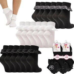 12 Pairs Girls Cotton Rich Lace Trim Ankle Socks  School Black Grey White  - Picture 1 of 17