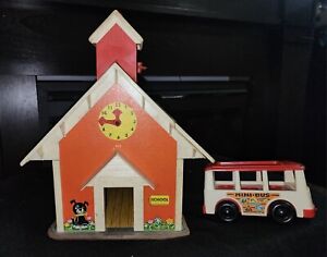 Vintage Fisher Price Little People Play Family School House & Bus