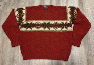 Vintage Polo Ralph Lauren Hand Knit Sweater 100% Wool Men’s XL Aztec Red 90s - Picture 1 of 12