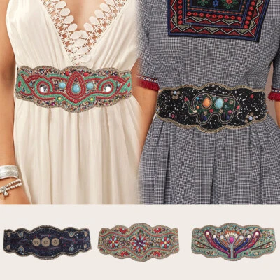 Womens Boho Stone Colorful Beaded Waist Belt Slim Stretchy Flower Waistband ✿ - Image 1 of 4