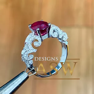 14K WEISSGOLD RING OVALER RUBIN UND RUNDE NATÜRLICHE DIAMANTEN ANTIK STIL 3,40 CTW - Bild 1 von 9