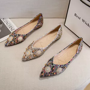 Lady Ethnic Pointed Toe Rivet Rhinestone Boat Shoes Cosy Flat Heel Slip-On Pumps - Picture 1 of 26