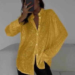 Women Sequin Lapel Women's Shirt Casual Glitter Loose Long Sleeve 2025 Retro - Picture 1 of 31