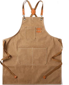 Canvas Cross Back Chef Cotton Aprons for Men Women with Large Pockets - Picture 1 of 12