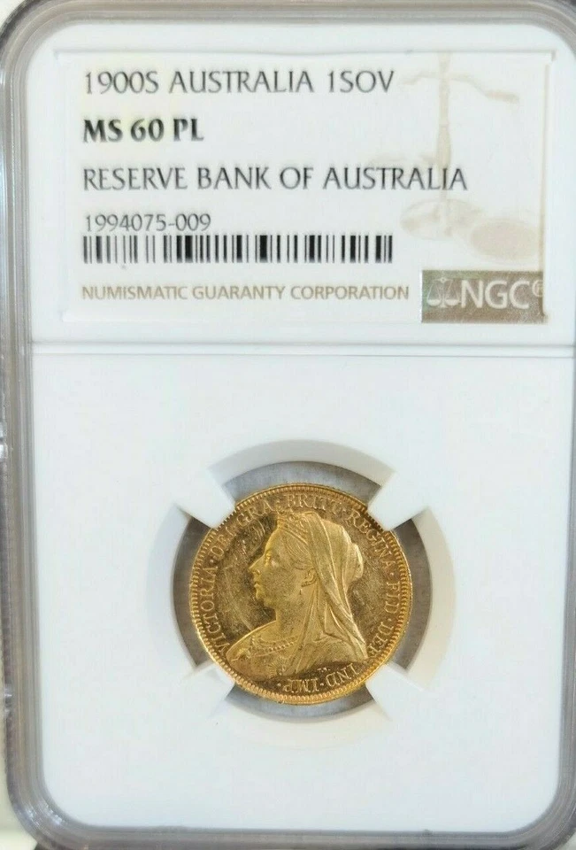 1900 AUSTRALIA GOLD 1 SOVEREIGN VICTORIA NGC MS 60 PL RARE PROOF LIKE TOP POP 1 - Image 1 of 4