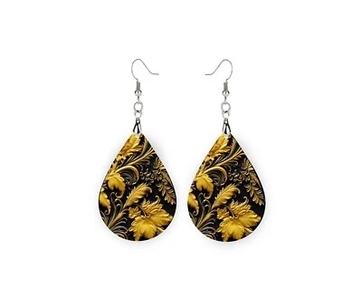 Black and Gold Baroque Print Wood Dangle Teardrop Print Earrings Jewelry - Image 1 of 4