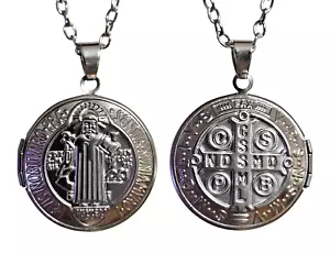 St Benedict Locket Pendant Necklace Medal Medallion Cross 18" Chain Jewellery - Picture 1 of 11