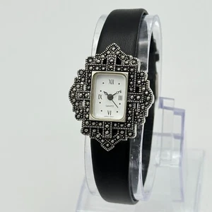 Women's AVON Silver Tone & Marcasite Luxury Quartz Watch, 24mm, Black Leather b - Picture 1 of 7