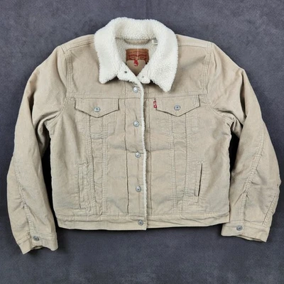 Levis Corduroy Sherpa Trucker Jacket Womens Medium Beige Winter Snap Up NWT - Image 1 of 4