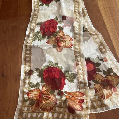 De Colección Liz Claiborne Bufanda Larga Bronceada Roja Dorada Floral Rectángulo 11" x 50" Años 80 Foto 1 de 4